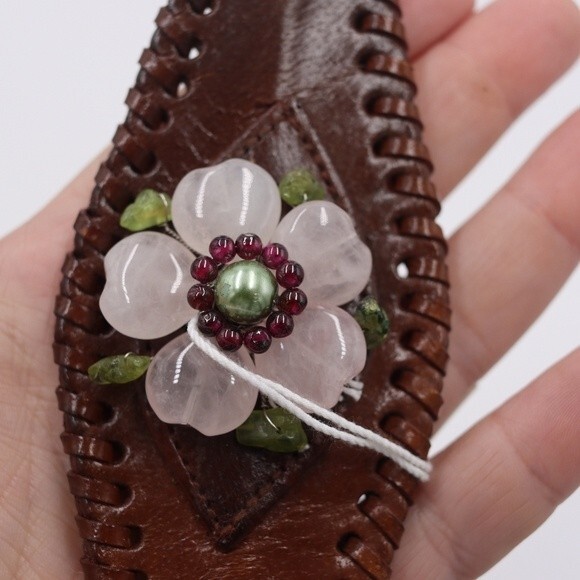 The Purple Door Leather Stone Bead Flower Cuff Adjustable Bracelet Boho - Picture 7 of 9